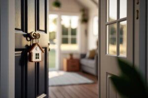 A keychain shaped like a house hanging on a doorknob of a house