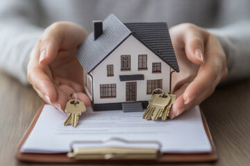 Hands holding a model house with keys, placed on a document clipboard.