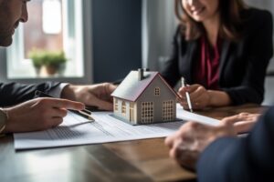Real estate agents working close up office backgrounds